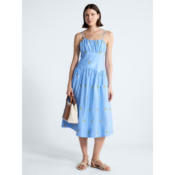 Free Assembly Women's and Women’s Plus Tie Back Cotton Midi Dress with Drop Waist, Sizes XS-4X
