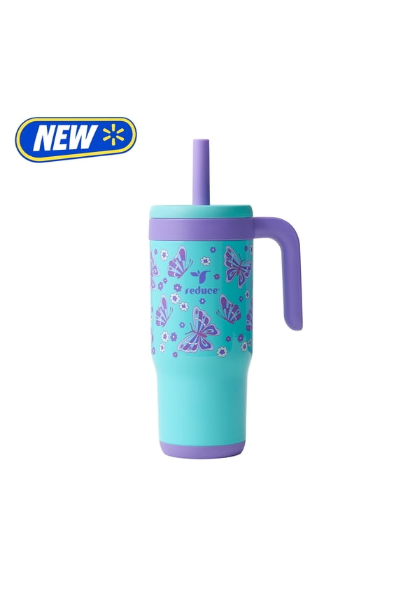 Chiller Kids 18oz Handled Tumbler with Spill-Proof Straw & Handle. Insulated Stainless Steel, Butterflies