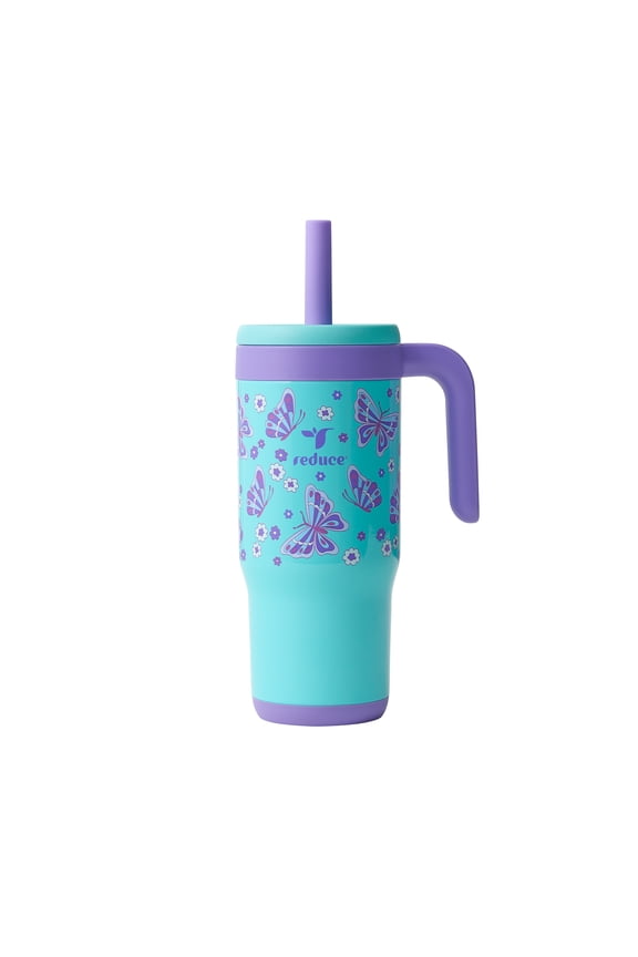 Chiller Kids 18oz Handled Tumbler with Spill-Proof Straw & Handle. Insulated Stainless Steel, Butterflies