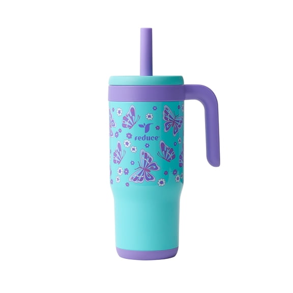 Reduce Chiller Kids 18oz Handled Tumbler with Spill-Proof Straw & Handle. Insulated Stainless Steel, Butterflies