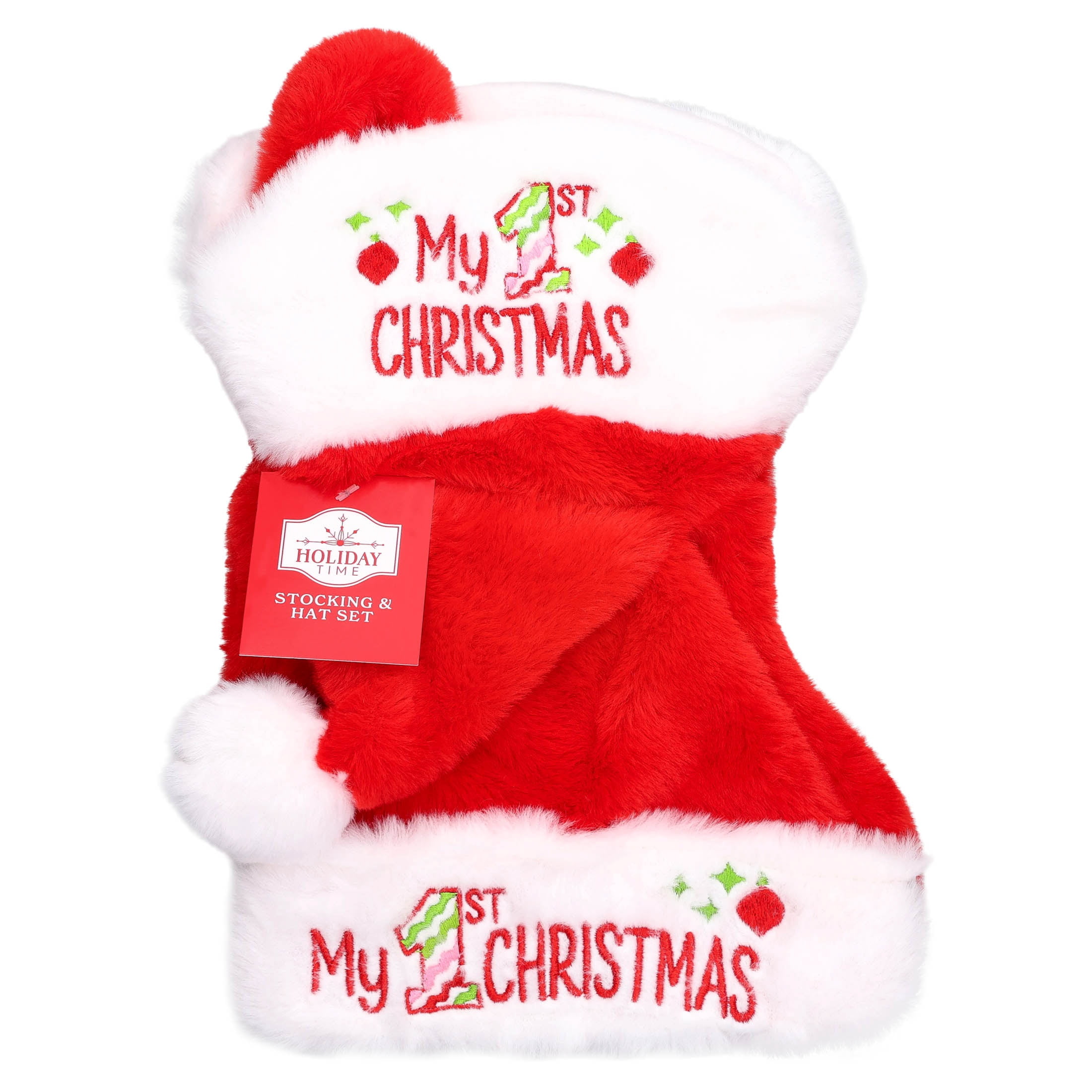 My First Christmas Santa Hat and Stocking Set, Red and White, 2 Pieces, by Holiday Time