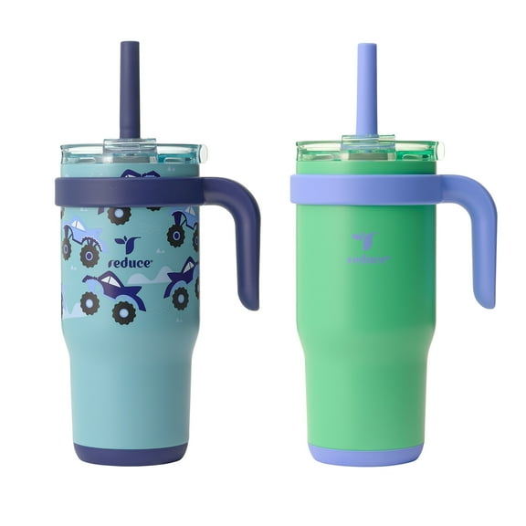 Reduce Insulated Stainless Steel 2pk Coldee Mug with Lid and Spill-Proof Straw, Shark Trucks, 18 oz
