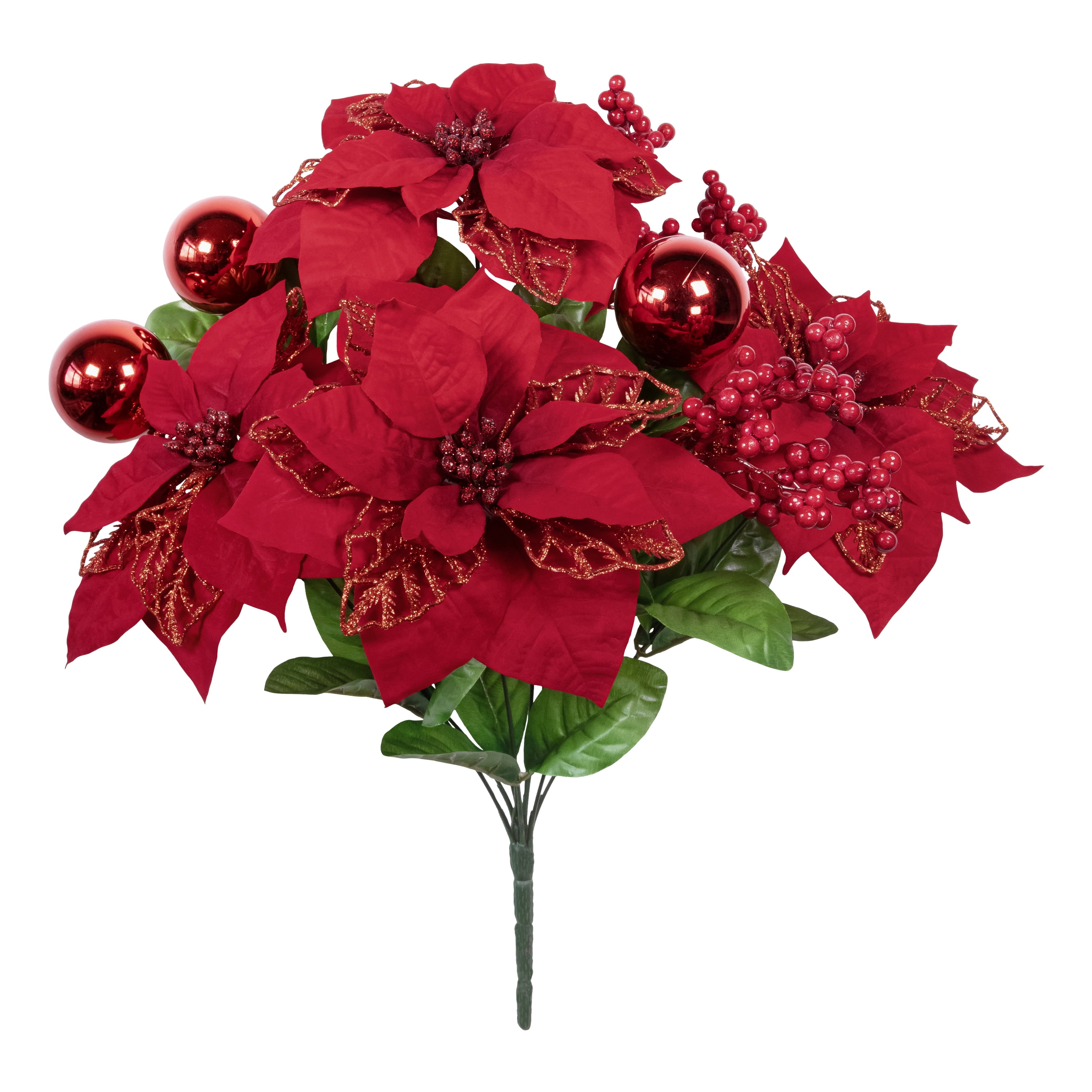 19-inch Artificial Silk Red Glitter Pointettia Mixed Holiday Bouquet, for Indoor Use, by Mainstays