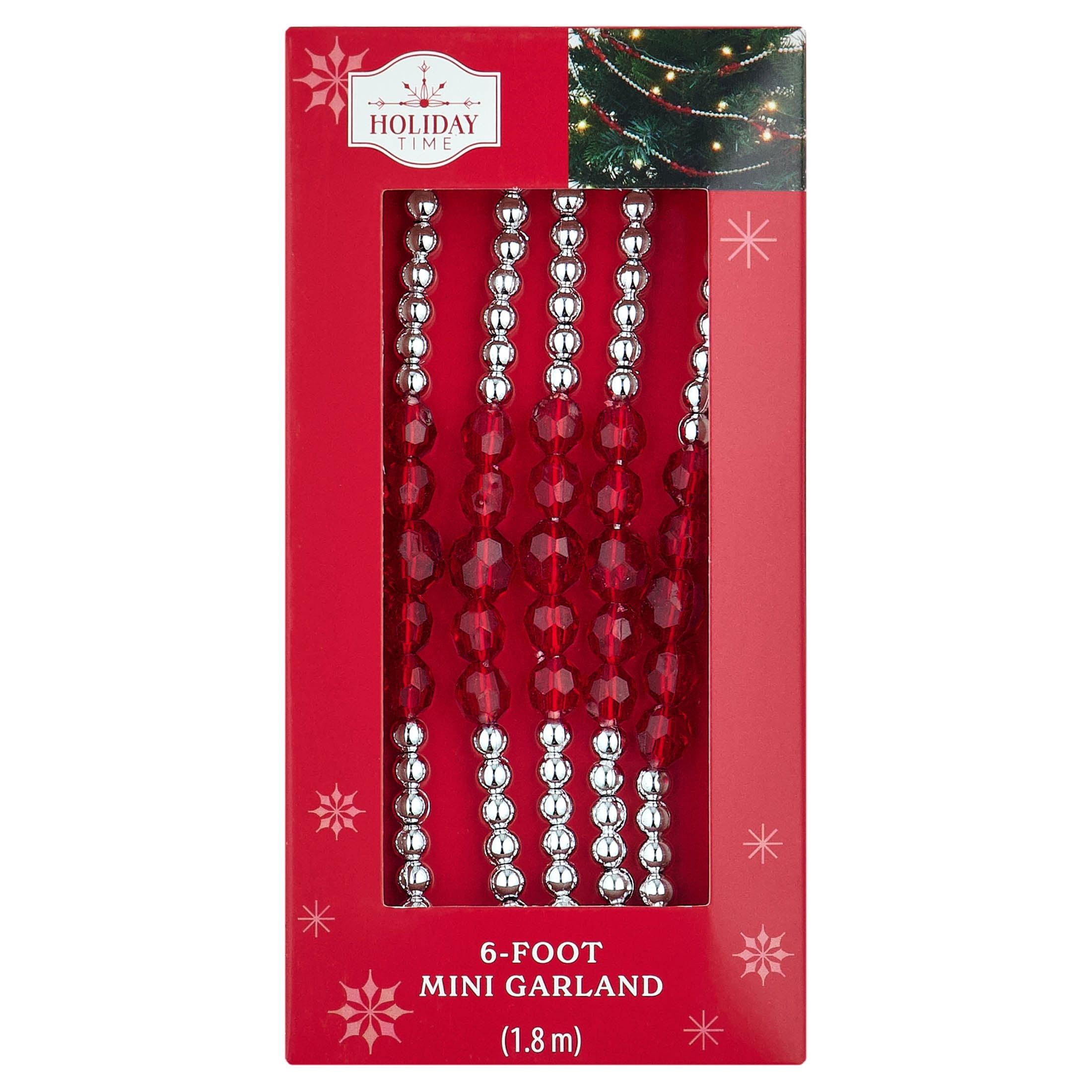Plastic Bead Mini Christmas Garland, Red and Silver, 6', by Holiday Time