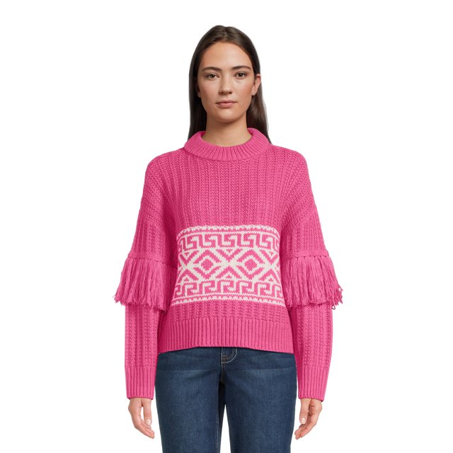 RD Style Women's Fringe Sleeve Crewneck Sweater, Midweight, Sizes S3XL