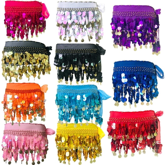 RD2 Women's Belly Dance Hip Scarf Carnival Sequin Tassel Waist Chain Chiffon Belly Dancing Skirt Wrap Set Bling Sequins Performance Costume Beaded Belt Outfits Accessories Waist Chains One Size
