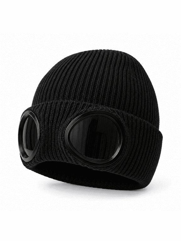 Men's Goggle Beanie with Lenses, Polyester Fleece-Lined Ribbed Cuffed Winter Hat