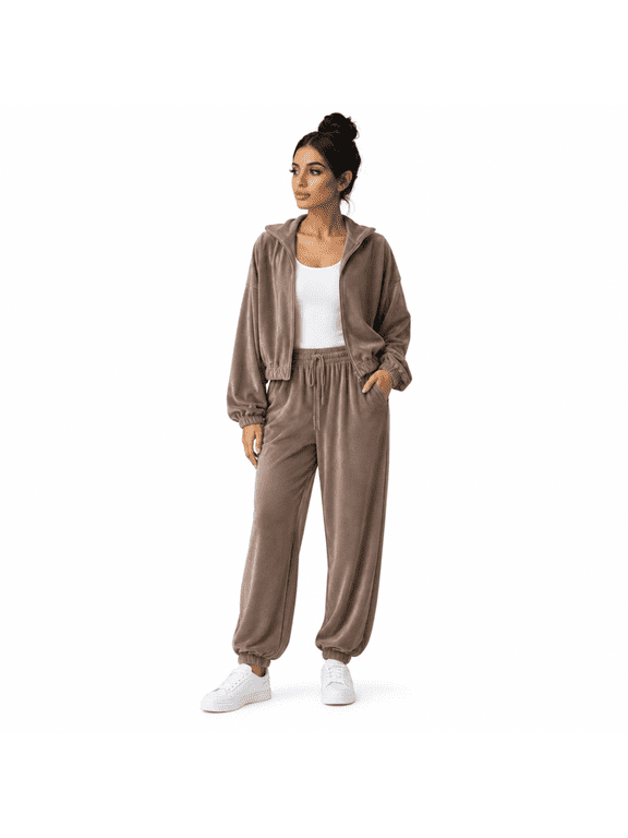 Women's 2-Piece Velour Tracksuit Set, Cropped Zip Jacket, Wide-Leg Lounge Pants