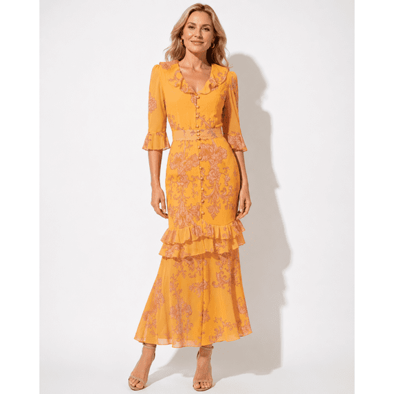 RDKTPXZ Women's Floral Chiffon Maxi Dress, Ruffle V-Neck, Belted