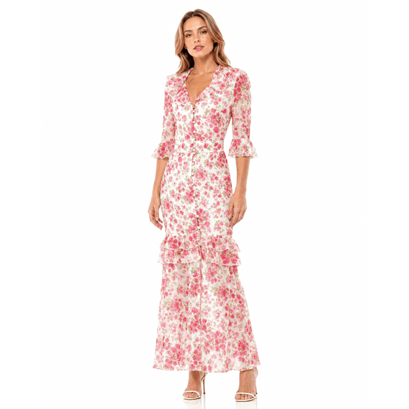 RDKTPXZ Women's Floral Chiffon Maxi Dress, Ruffle V-Neck, Belted