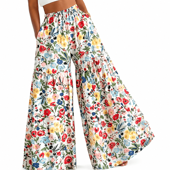 RDKTPXZ Women's Floral Palazzo Wide Leg Pants Elastic Waist, 1 Pack (S-XXL)