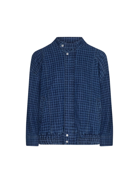 Women's Houndstooth Bomber Jacket, Oversized Zip Front with Stand Collar and Long Sleeves