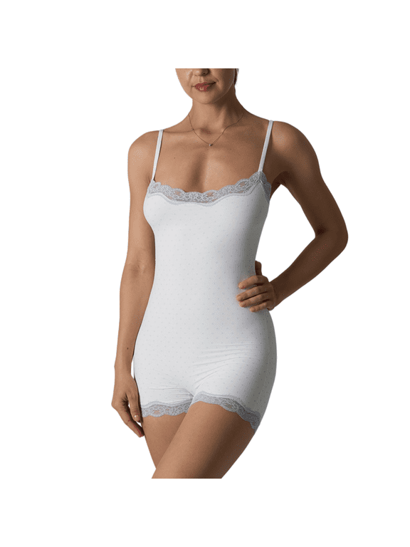 Women's Lace-Trim Cami Pajama Romper, Printed Nylon-Spandex Sleepwear, S-XL