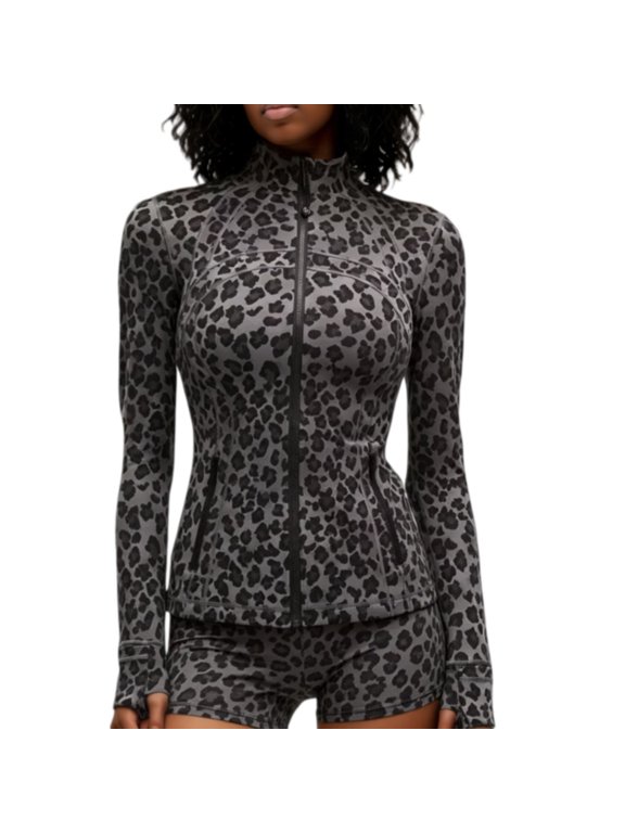 Women's Leopard Print 2-Piece Set, Stand Collar Zip-Up Long Sleeve Top & High Waist Shorts