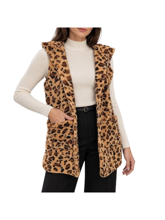 Women's Leopard Print Hooded Vest, Longline Plush Sleeveless Open Front With Pockets