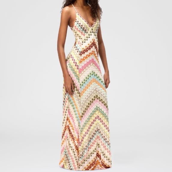 RDKTPXZ Women's Multicolor Crochet Maxi Dress, Deep V-Neck Fitted Gown