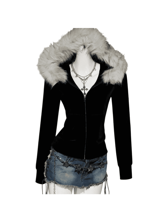 Women's Plush Fur-Style Trim Zip-Up Hoodie, Fitted Hooded Jacket with Pockets