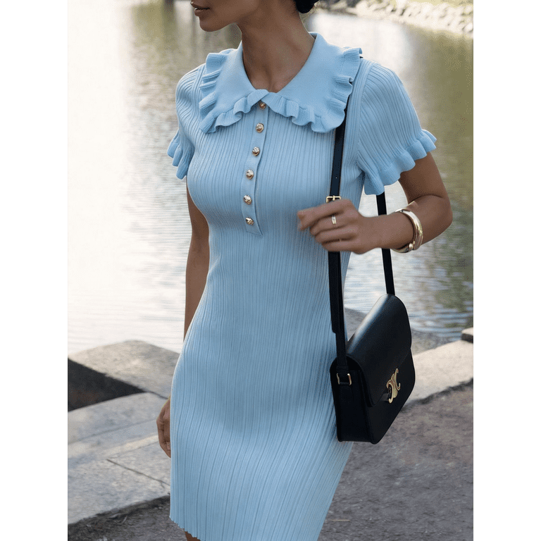 RDKTPXZ Women's Ribbed Knit Sweater Dress Ruffle Collar Short Sleeve