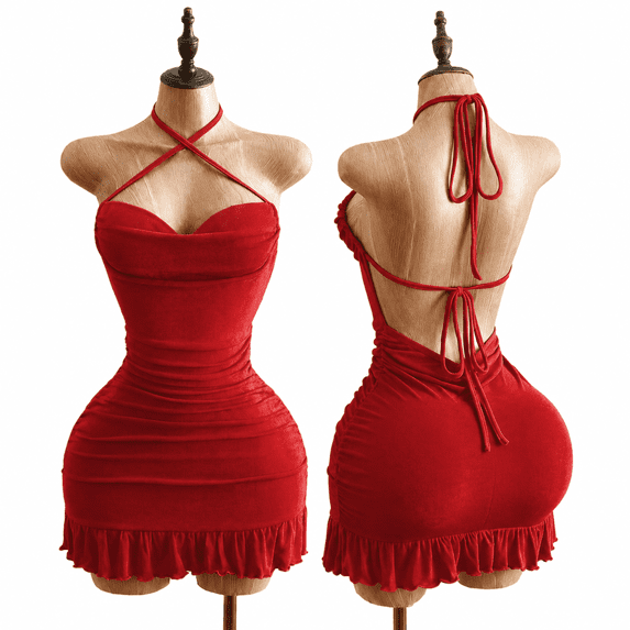 RDKTPXZ Women's Ruched Halter Mini Dress, Backless Bodycon Ruffle Hem Party Dress