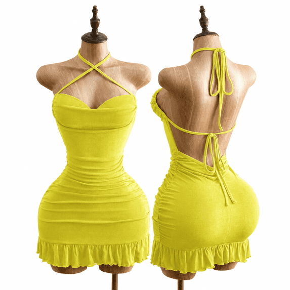 RDKTPXZ Women's Ruched Halter Mini Dress, Backless Bodycon Ruffle Hem Party Dress