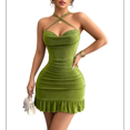 thumbnail image 1 of RDKTPXZ Women's Ruched Halter Mini Dress, Backless Bodycon Ruffle Hem Party Dress, 1 of 6