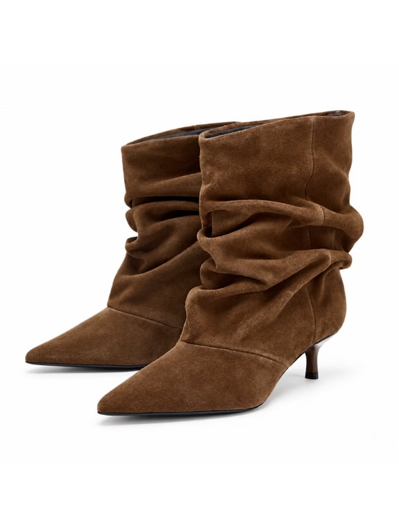 Women's Slouchy Boots, Pointed Toe, Kitten Heel, Suede-Look Finish