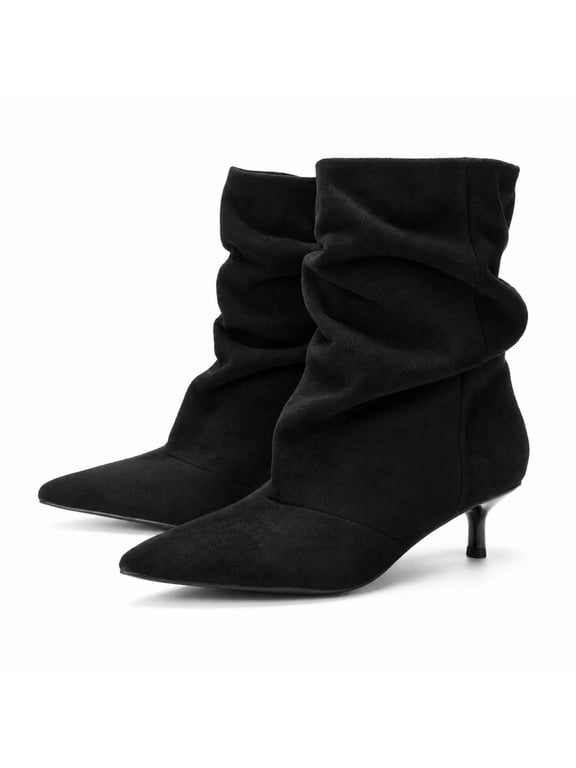 Women's Slouchy Boots, Pointed Toe, Kitten Heel, Suede-Look Finish