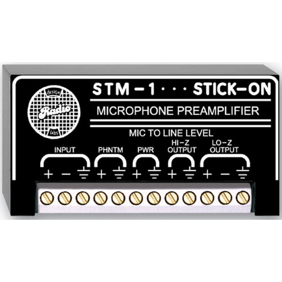 RDL STM-1 Stick-On Series Microphone Preamplifier, High or Low Impedance Input Mic Preamp, Fixed 50 dB Gain for Consistency, Balanced or Unbalanced Output, RF-Filtered Inputs and Outputs