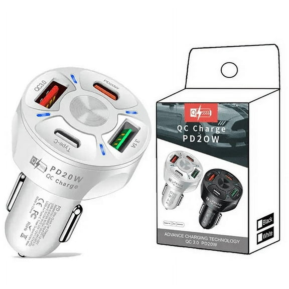 RDRKR 4 Port USB Fast Charging Cigarette Light Car Charger 2USB/PD20W/ QC 3.0 LED Display Compatible with Android/iOS (White)