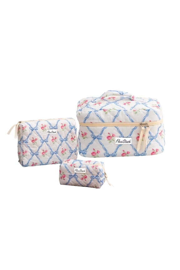 Flexistash Cotton Quilted Makeup Bag Set, 3 Pcs Cotton Floral Makeup Bag, Large Toiletry Travel Cosmetic Bag for Women Blue