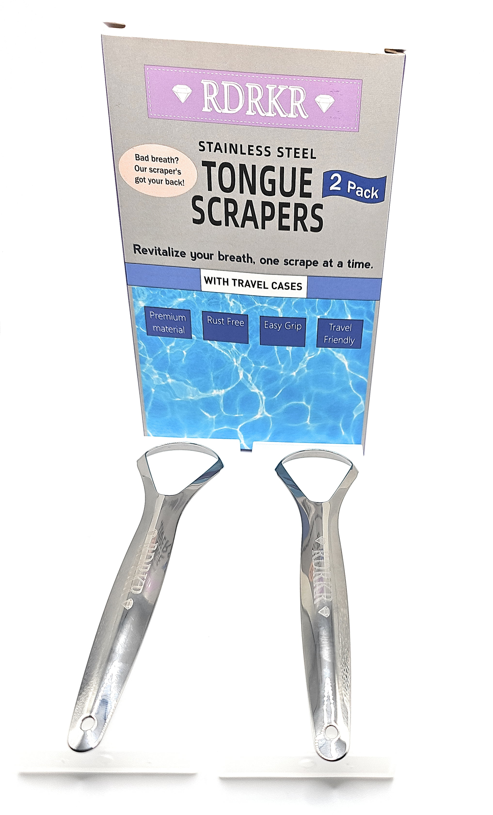 RDRKR Reusable Stainless Steel Tongue Scrapers 2Pack with Travel Cases for Optimal Oral