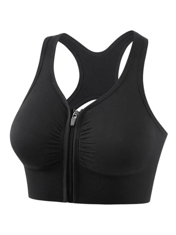 Shockproof Gathered Running Yoga Fitness Sports Bra With Front zipper Sports Underwear Women Black Extra Large