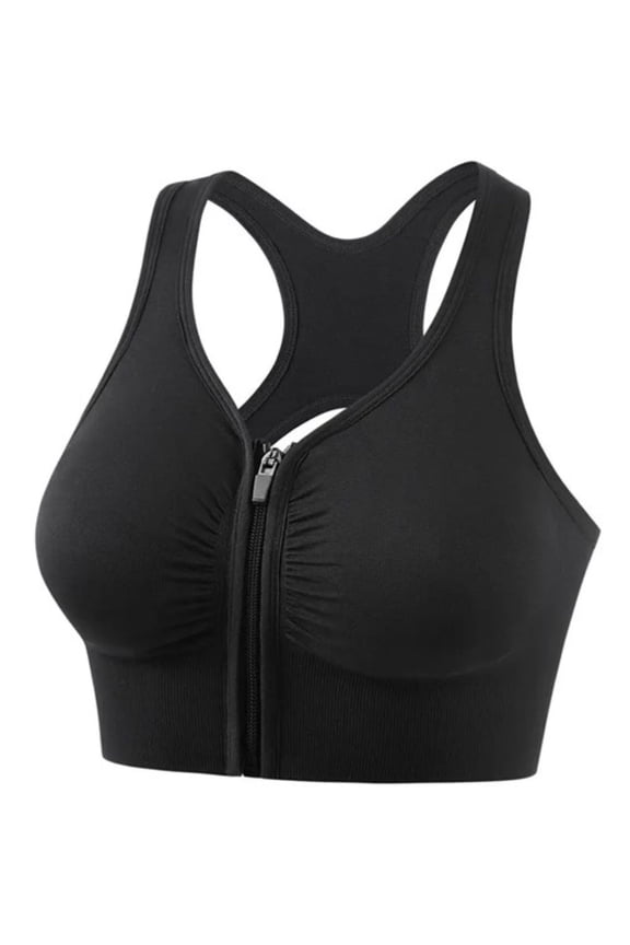 Shockproof Gathered Running Yoga Fitness Sports Bra With Front zipper Sports Underwear Women Black Extra Large