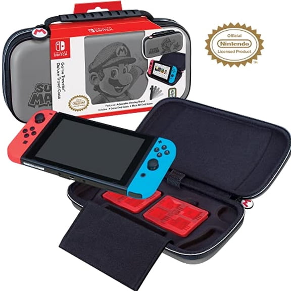 RDS Industries Nintendo Switch or Switch Lite Mario Case Adjustable Viewing Stand Protective PU Leather Hard Shell Case with Deluxe Carry Handle Includes Two Game Cases Nintendo Switch
