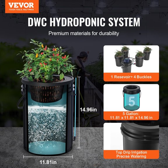 RDWC Hydroponics System Recirculating Deep Water Culture 4 Buckets 5 Gal