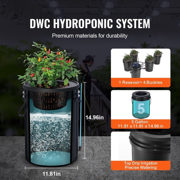 RDWC Hydroponics System Recirculating Deep Water Culture 4 Buckets 5 Gallon