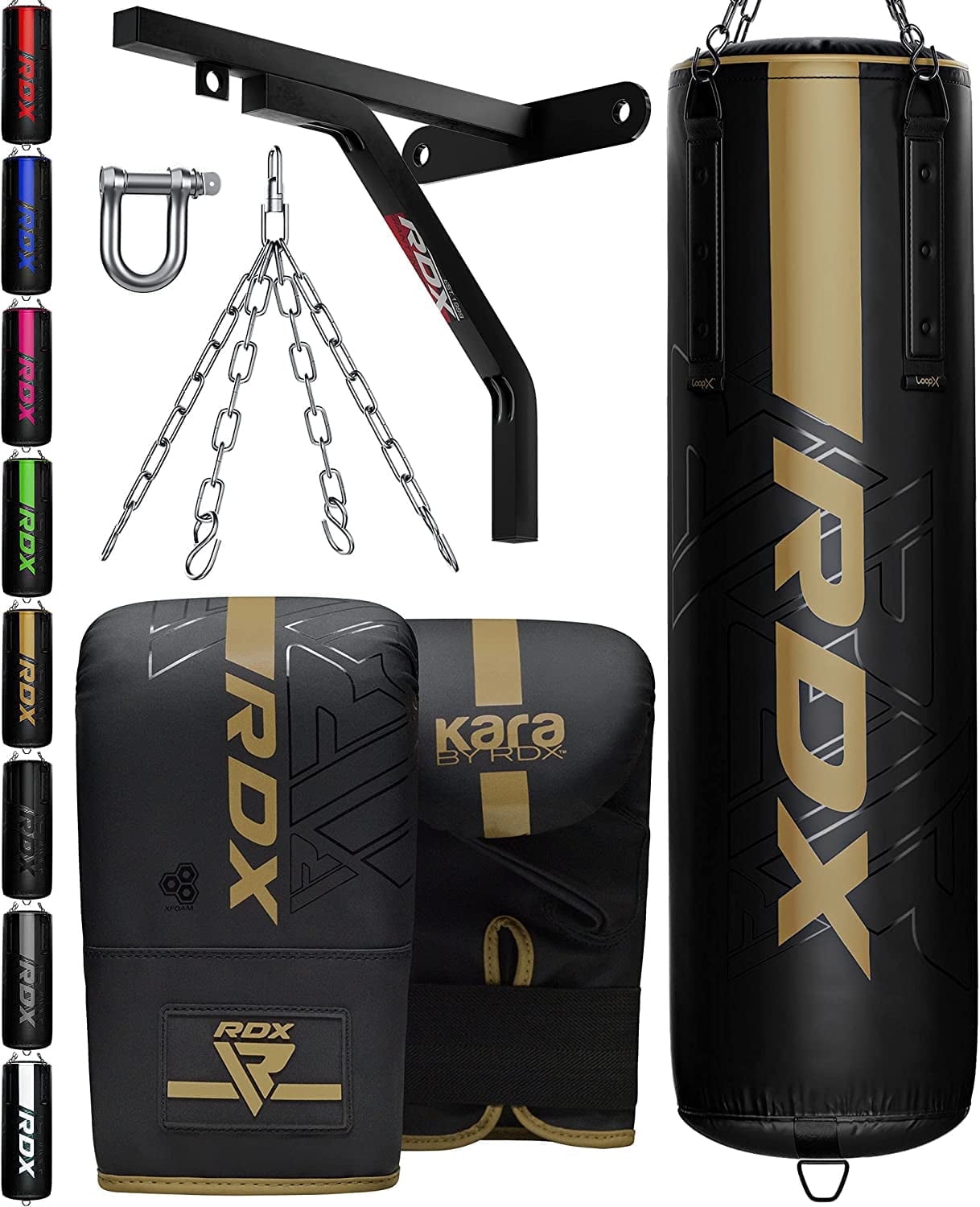 RDX 4PC Punching Bag Anti Swing Heavy Filled Set, Non Tear Maya Hide Leather Adult Bag with Ceiling Hook Punching Gloves Chain, Kickboxing Boxing MMA Muay Thai Karate Training, 60 lb, 80 lb