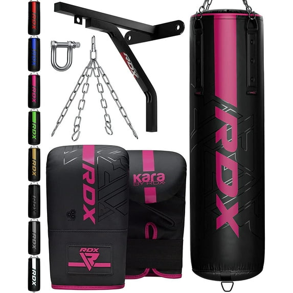 RDX 8PC Punching Bag Anti Swing Heavy Filled Set, Non Tear Maya Hide Leather Adult Bag with Ceiling Hook Punch Gloves Chain, Pink, 60 lb, 80 lb