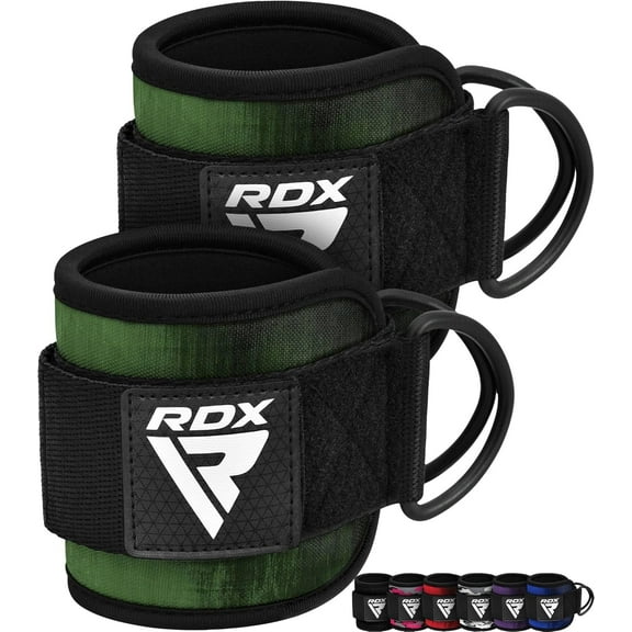 RDX Ankle Straps for Cable Machines, Steel Double D-Ring Neoprene Padded 30CM Gym Cuffs, Green, Pair