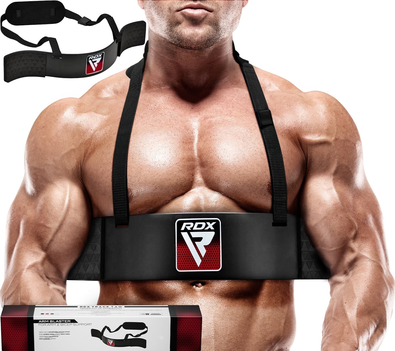 "RDX Arm Curl Blaster Support for Muscle Bodybuilding & Weight Lifting – Adjustable Bicep and Tricep Isolator Bar with 42” Strap, 6mm Neck Pad, Ergonomic Gym Training Equipment, Red"