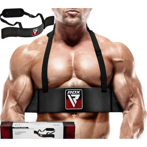 "RDX Arm Curl Blaster Support for Muscle Bodybuilding & Weight Lifting – Adjustable Bicep and Tricep Isolator Bar with 42” Strap, 6mm Neck Pad, Ergonomic Gym Training Equipment, Red"