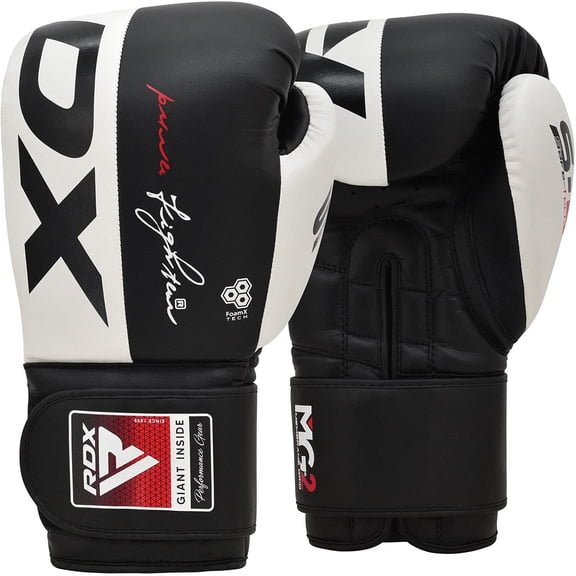 RDX Boxing Gloves , Leather Mitts, Kickboxing Fighting, Black/White, 12OZ