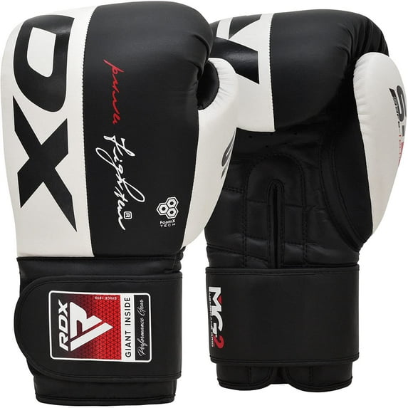 RDX Boxing Gloves , Leather Mitts, Kickboxing Fighting, Black/White, 14OZ