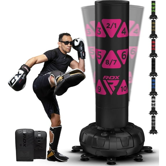 RDX FreeStanding Punching Bag with Gloves, 6FT XXL Heavy Duty Adult RONIN Target Pedestal Bag Set, 17 Suction Cup Stand Base, Freestanding Kickboxing Pink