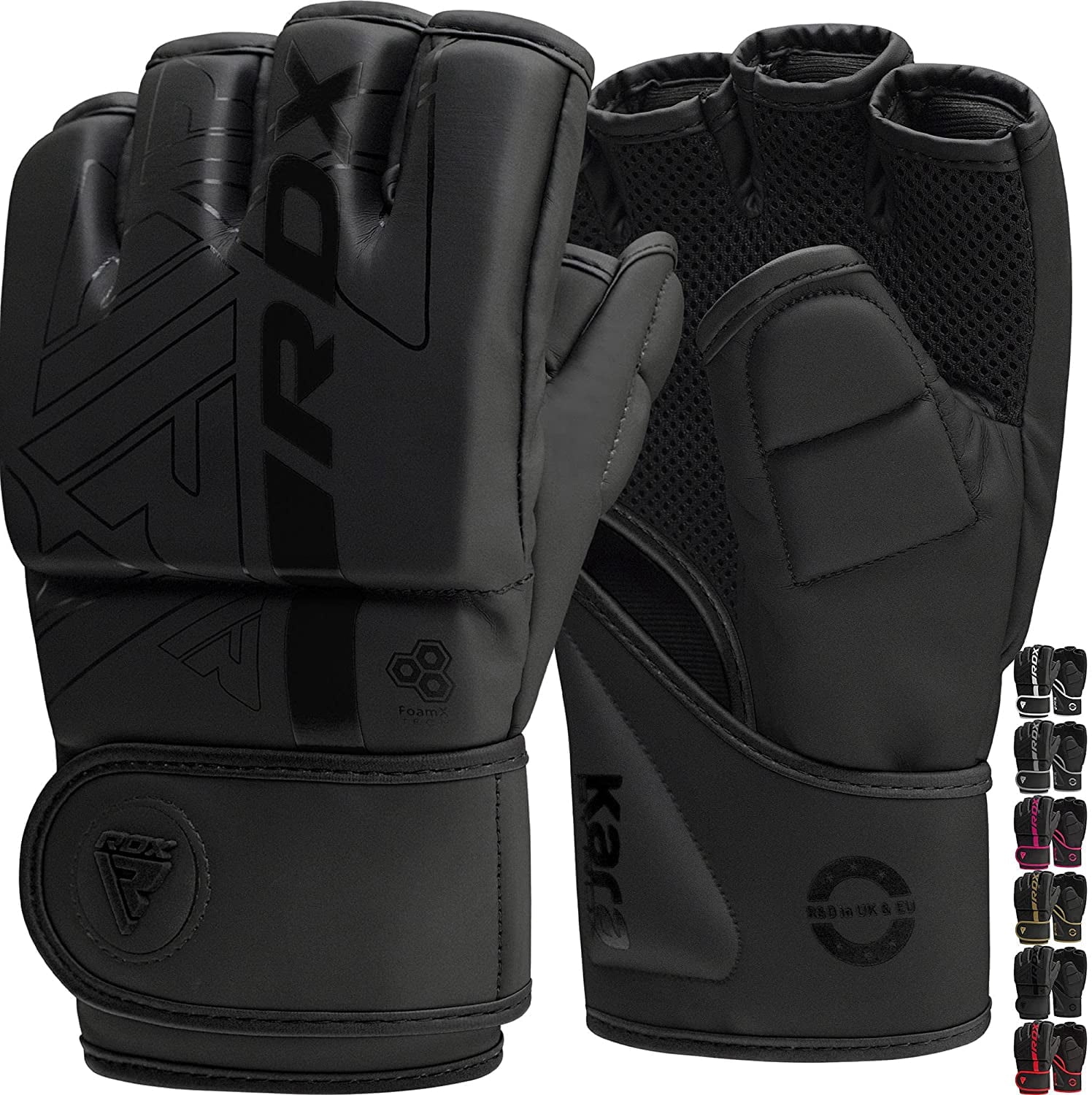 RDX MMA Boxing Gloves Grappling Sparring, Pre-Curved Martial Arts Mitts, Ventilated Palm, Maya Hide Leather KARA, Black, Medium