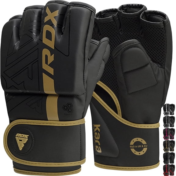 RDX MMA Boxing Gloves Grappling Sparring, Pre-Curved Martial Arts Mitts, Ventilated Palm, Maya Hide Leather KARA, Golden, Medium