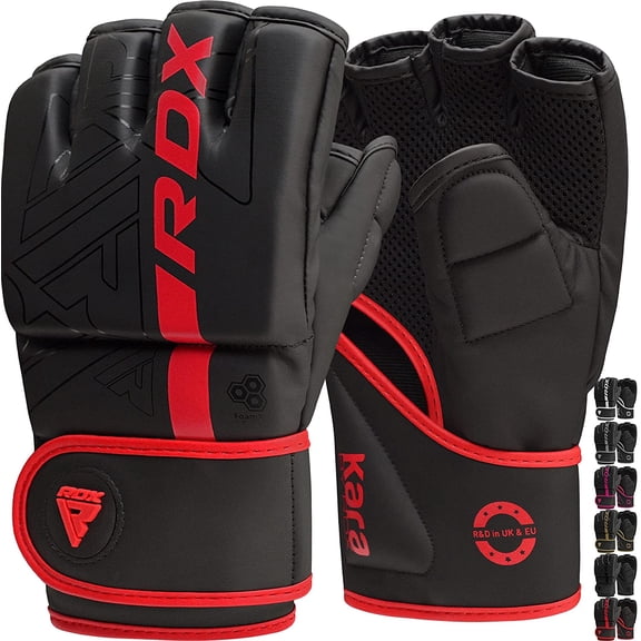 RDX MMA Boxing Gloves Grappling Sparring, Pre-Curved Martial Arts Mitts, Ventilated Palm, Maya Hide Leather KARA, Red, Medium