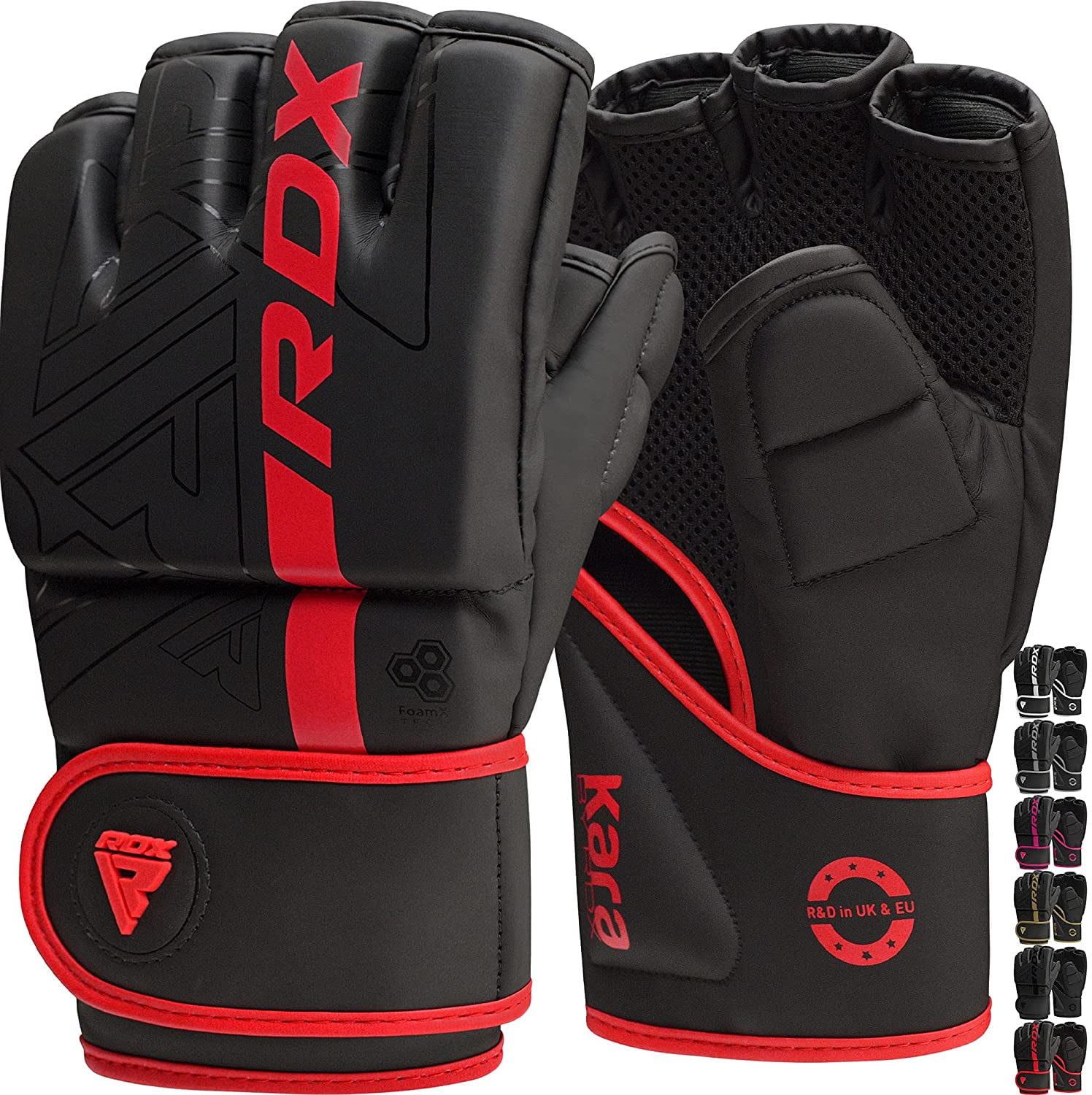 RDX MMA Boxing Gloves Grappling Sparring, Pre-Curved Martial Arts Mitts, Ventilated Palm, Maya Hide Leather KARA, Red, Small