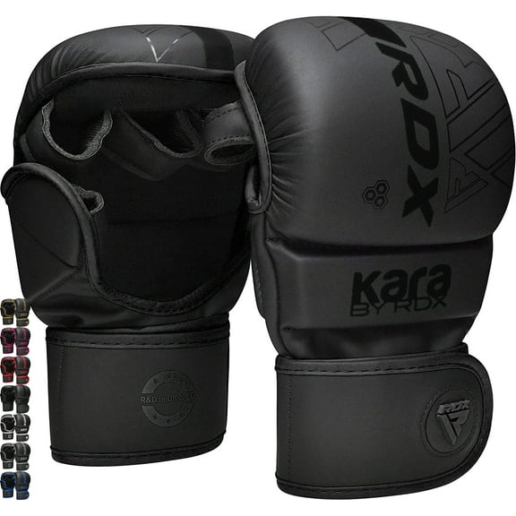 RDX MMA Boxing Gloves Grappling-Training Kickboxing Fighting Muay Thai, Leather Sparring Mitts, Matte Black, S/M