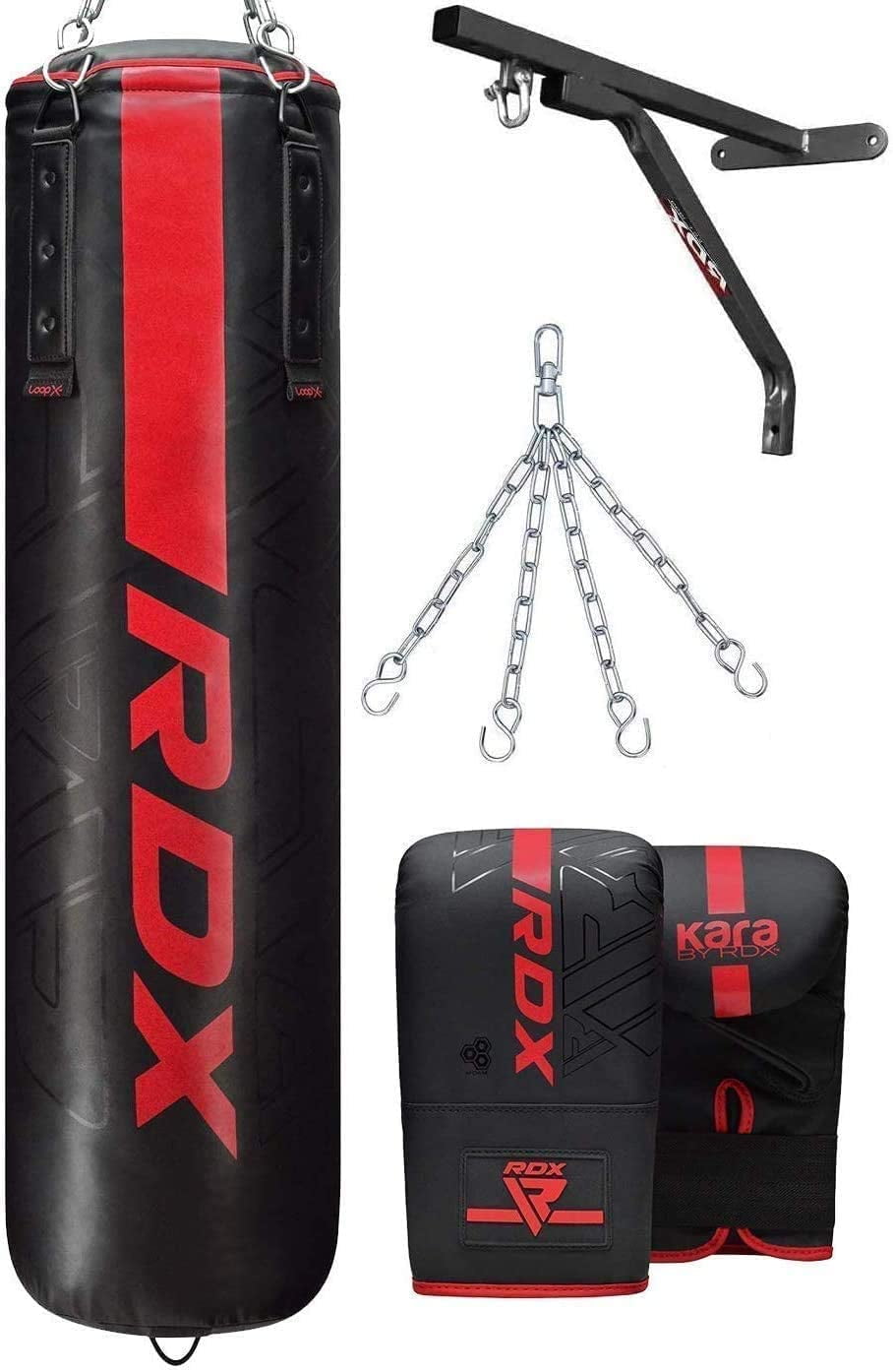 RDX Punching Bag Unfilled Anti Swing Set Kick Boxing MMA Training Gloves Heavy Punching Mitts Hanging Chain wall Bracket, Muay Thai 4PC Martial Arts 4FT 5FT